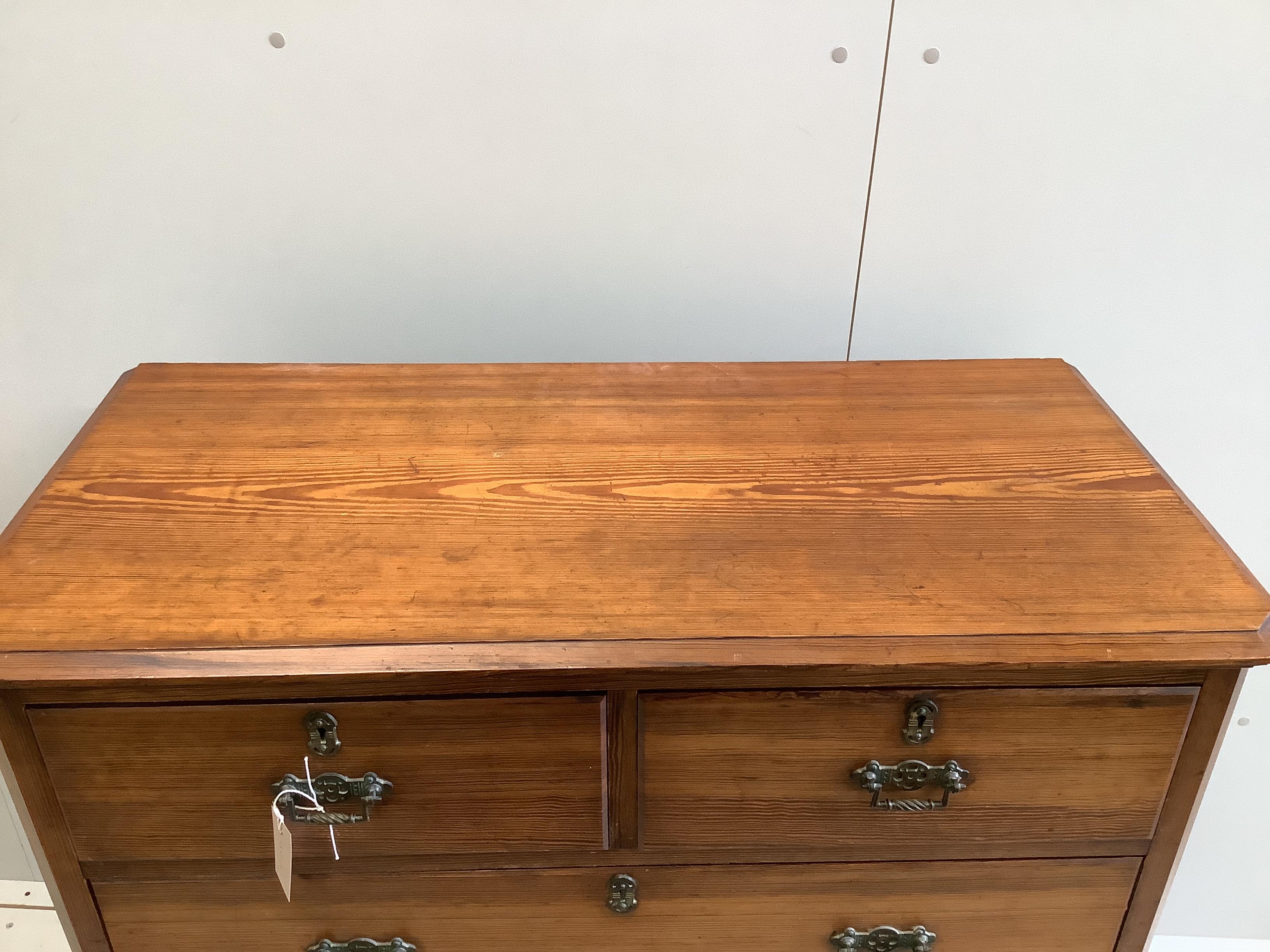 A late Victorian pitch pine chest of five drawers, width 101cm, depth 48cm, height 104cm